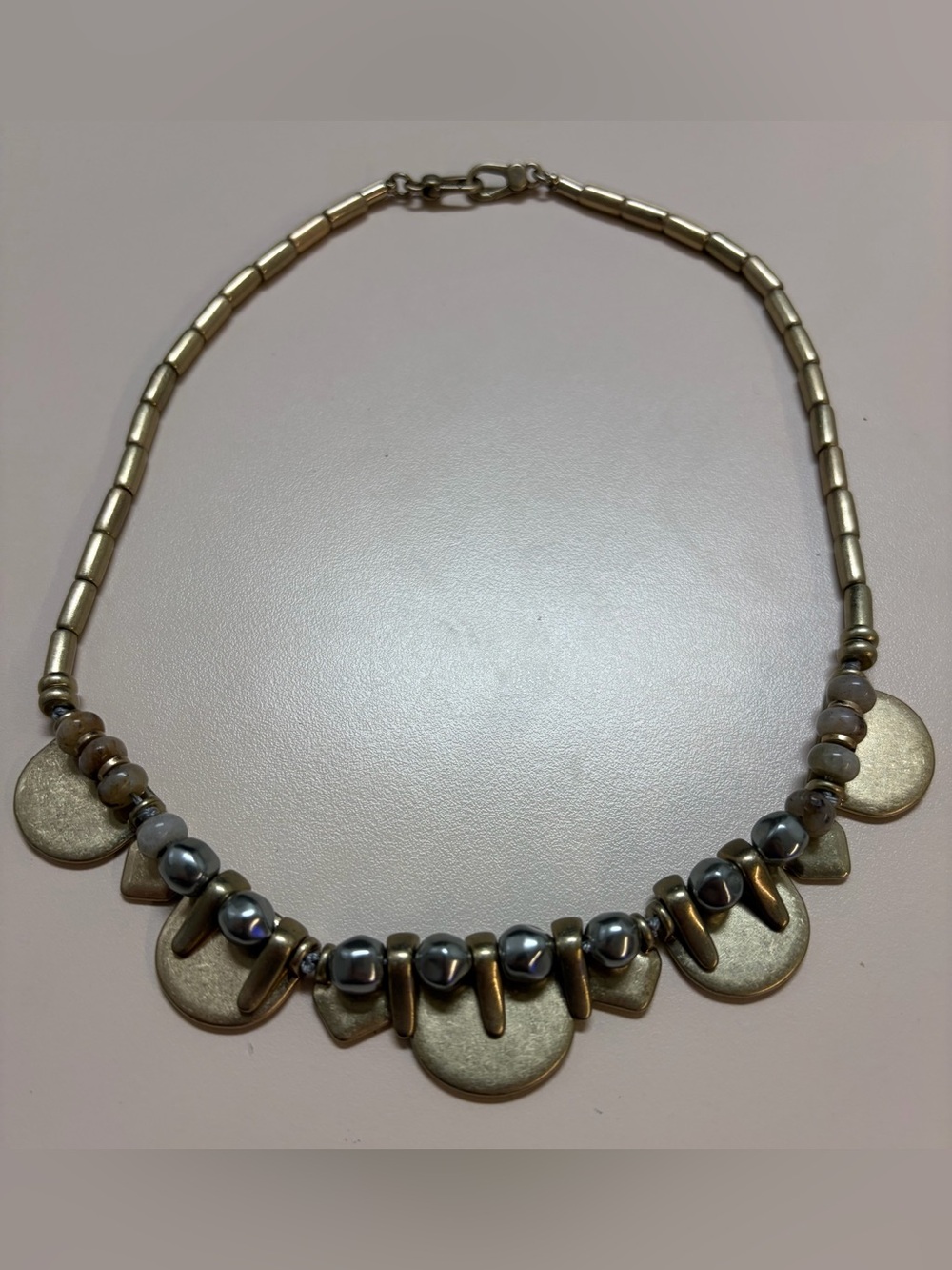 Vintage 1970s Modernist Brass Bib Necklace Egyptian Revival Grey Pearl Dagger
